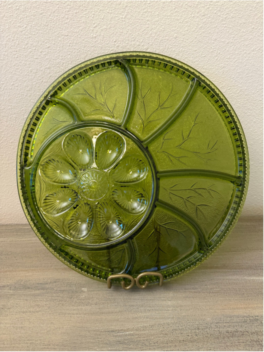 Indiana Glass Olive Green Tree of Life Deviled Egg & Relish Tray - Mint